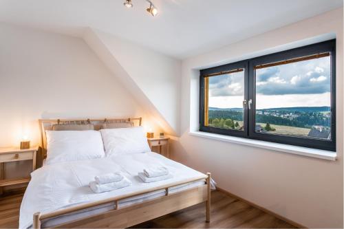 a bedroom with a bed and a large window at SCANDIC Apartments Plešivec in Abertamy