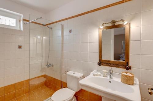 ein Badezimmer mit einem WC, einem Waschbecken und einem Spiegel in der Unterkunft Cycladic Aura - Traditional Holiday Cottage in Finikas