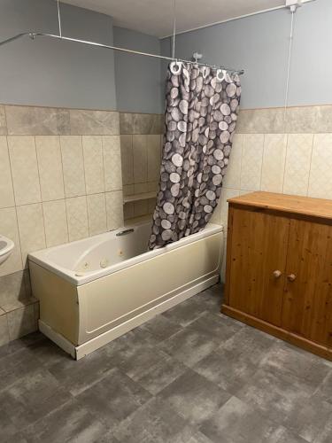 een badkamer met een bad en een douchegordijn bij Bright Apartments in Peterborough