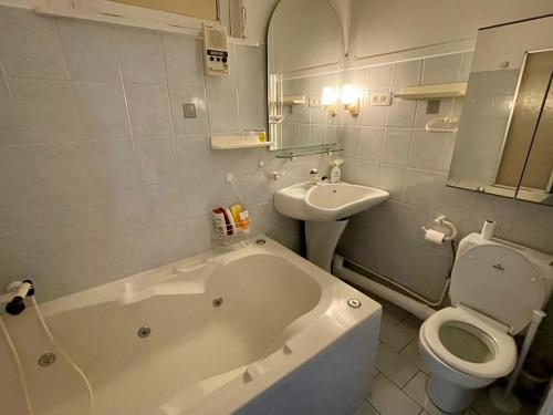 La salle de bains est pourvue d'une baignoire, de toilettes et d'un lavabo. dans l'établissement Superbe appartement DUPLEX avec Jacuzzi, à Bruxelles