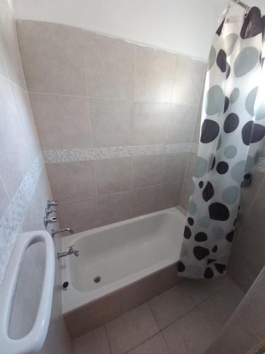 a bathroom with a tub and a toilet and a sink at Plaza in Termas de Río Hondo