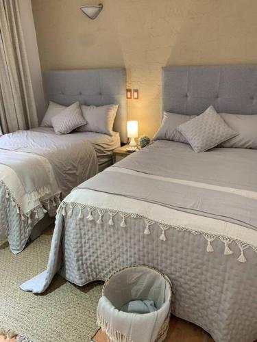 a bedroom with two beds and a basket on the floor at Villa Quinta Lomas casa completa con aéreas verdes in León