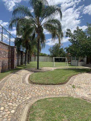 a palm tree and a soccer field with a goal at Villa Quinta Lomas casa completa con aéreas verdes in León