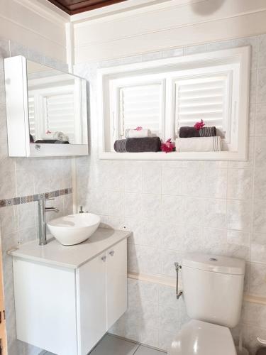 a white bathroom with a toilet and a sink at La Maison du Pécheur 97280 vous propose 2 bungalow, 2 Piscine privé avec jaccuzi intégrés, a 5 min de la plage et 2 min du port de pêche in Le Vauclin