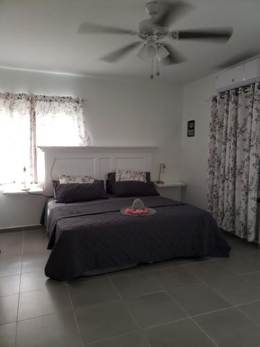una camera da letto con un letto e un ventilatore a soffitto di The Aquila Villa a Philipsburg