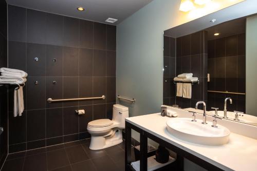 a bathroom with a toilet and a sink and a mirror at The Iron Horse Hotel in Milwaukee