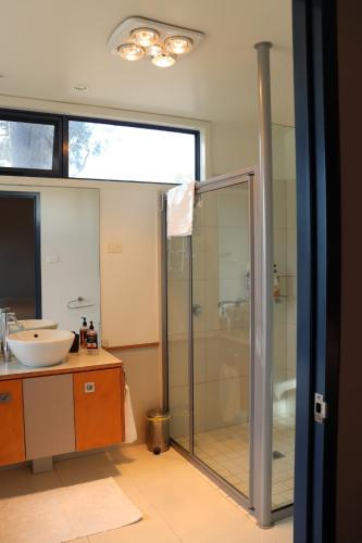 a bathroom with a glass shower and a sink at Tamar Ridge Winery Apartments in Rosevears