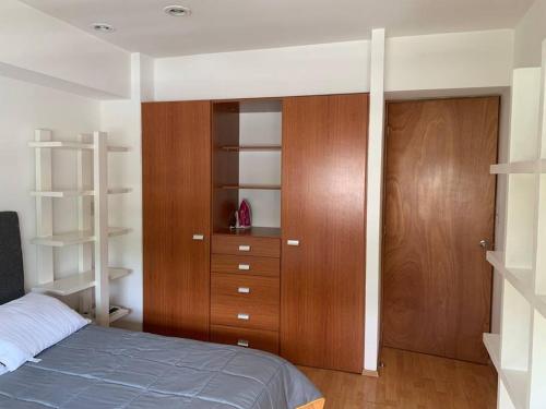 1 dormitorio con 1 cama y armarios de madera en Hermoso depto c/alberca y gym Polanco, en Ciudad de México