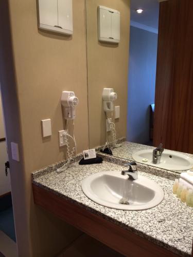 a bathroom counter with a sink and a mirror at Plymouth International in New Plymouth