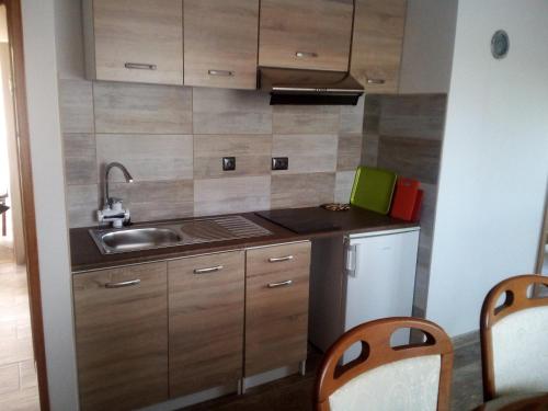 Apartment Silba 17603b في سيلبا: مطبخ صغير مع دواليب خشبية ومغسلة