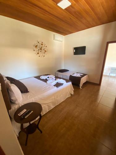 a bedroom with a bed and a table and a tv at Pousada Cipó Cana in Santana do Riacho