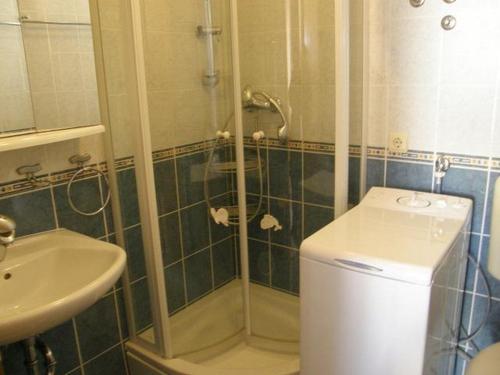 La salle de bains est pourvue d'une douche, de toilettes et d'un lavabo. dans l'établissement Apartments by the sea Primosten - 17975, à Primošten