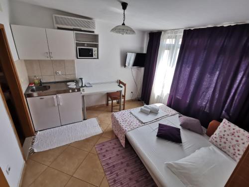 Il comprend un salon avec un canapé et une cuisine. dans l'établissement Apartments and rooms with parking space Makarska - 18106, à Makarska