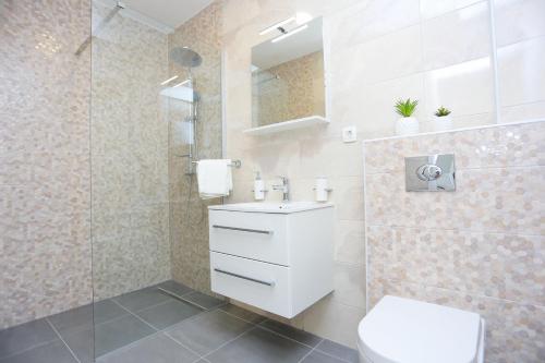 a bathroom with a toilet and a sink and a shower at Family friendly apartments with a swimming pool Zivogosce - Porat, Makarska - 18150 in Živogošće