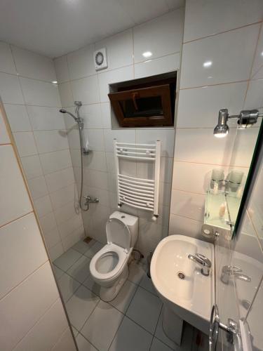 a white bathroom with a toilet and a sink at Borjomi Yellow Hotel in Borjomi