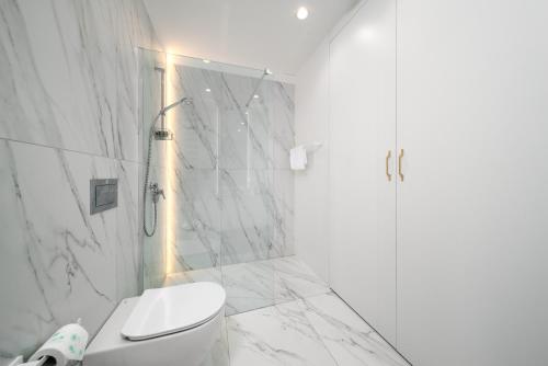 a white bathroom with a toilet and a shower at Apartamenty Prestige Centrum in Bielsko-Biała