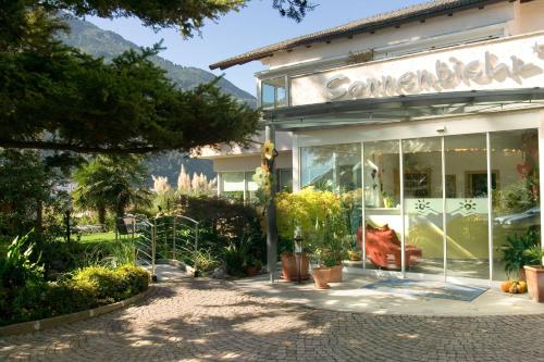 a store front with glass windows and plants in it at PALMENGARTEN Hotel Gstör in Lagundo