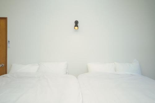 two white beds sitting next to each other in a room at Toya Blue in Lake Toya