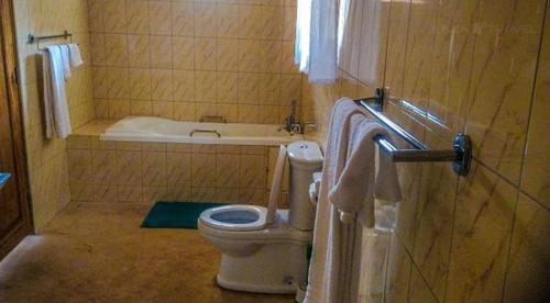 a bathroom with a toilet and a bath tub at Rift Valley Game Lodge Rubirizi in Katara