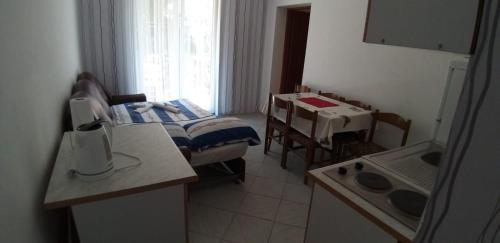 a small room with a bedroom with a bed and a table at Apartments with a parking space Kamenjak, Crikvenica - 18348 in Grižane