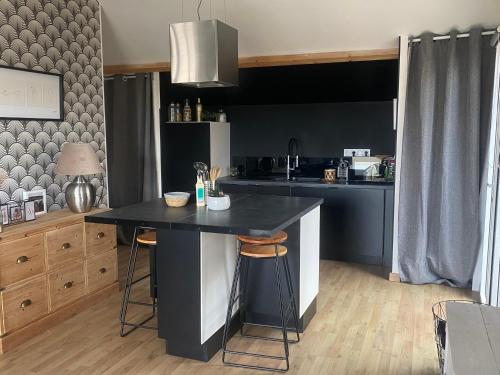 - une cuisine avec un îlot noir dans la chambre dans l'établissement Loft avec terrasse pour 4 pers à 3km du circuit avec garage au calme, au Mans