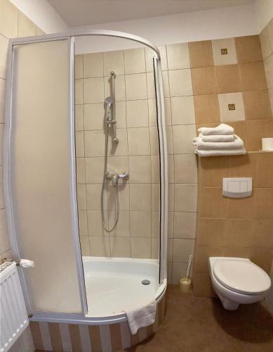 a bathroom with a shower and a toilet at Hotel Gryf in Kościerzyna