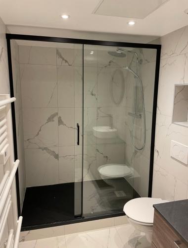 une salle de bain avec une douche en verre et des toilettes dans l'établissement Rouen Le Charme Normand en centre ville, à Rouen
