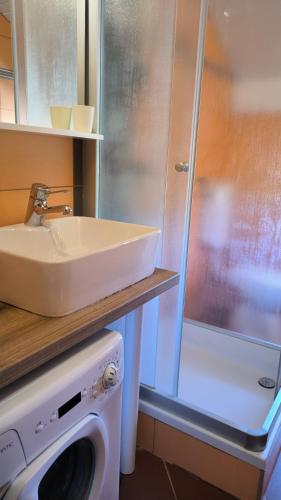 a bathroom with a sink and a washing machine at Gumla House in Stara Novalja