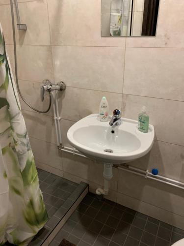 a bathroom with a sink and a shower curtain at Delta11 - 2 bedrooms, 2 big beds, 1 single bed in Tartu