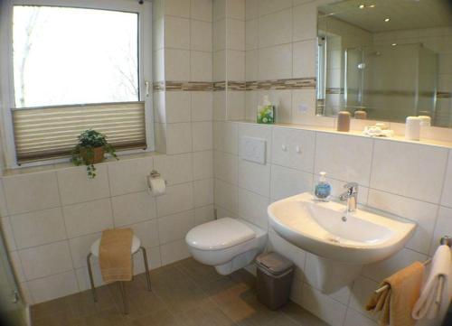 a bathroom with a sink and a toilet and a mirror at Hus-Pellworm-1-Ferienwohnung-Meerestraum in Pellworm