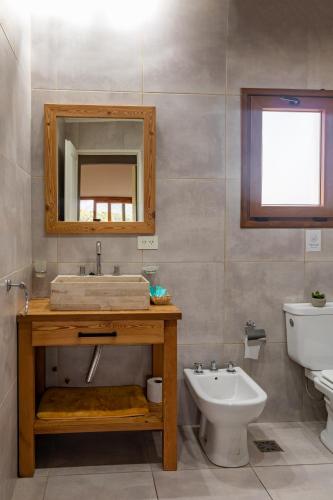 a bathroom with a sink and a toilet and a mirror at Cabañas La Catalana in Tandil