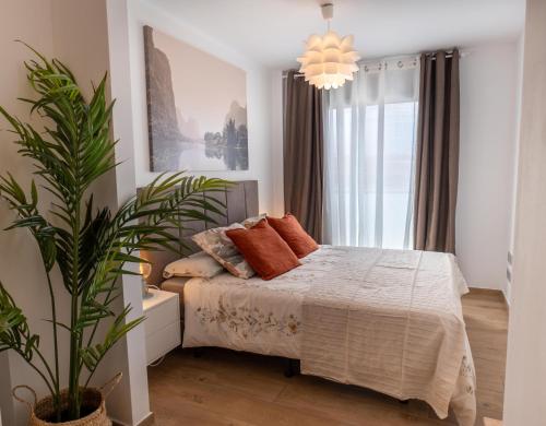 een slaapkamer met een bed en een potplant bij Calm Home La Tejita in Granadilla de Abona
