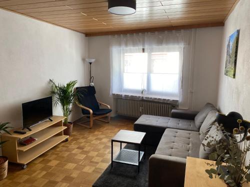 a living room with a couch and a tv at Ferienwohnung Stiegel in Ingelheim am Rhein