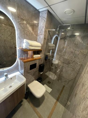 een badkamer met een douche, een toilet en een wastafel bij Tõrva Veemõnula Spaahotell in Tõrva