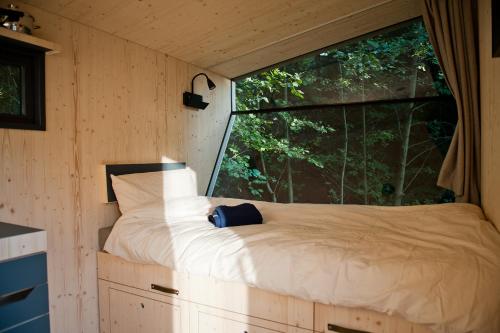 Bett in einem kleinen Zimmer mit Fenster in der Unterkunft Sleep Space 21 - Green Tiny Village Harz in Osterode