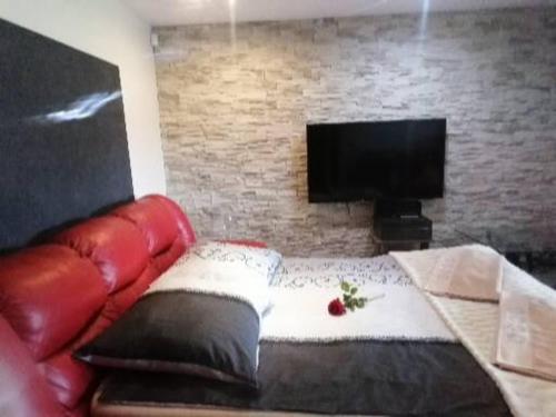 sala de estar con sofá de cuero rojo y TV en Willa Mateusza, en Sandomierz