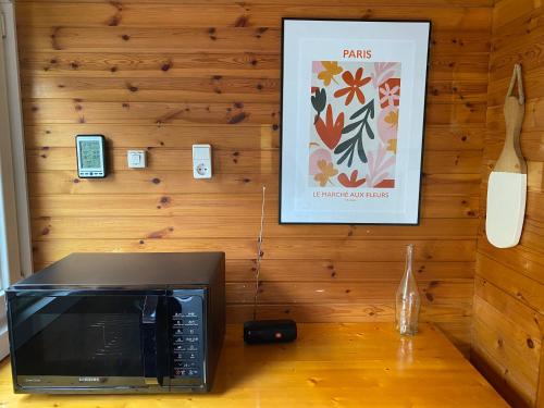 a microwave sitting on top of a wooden table at Knus boshuisje middenin de natuur in Doldersum