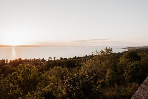a view of the ocean from a hill with trees at Hotel Gyllene Uttern in Gränna