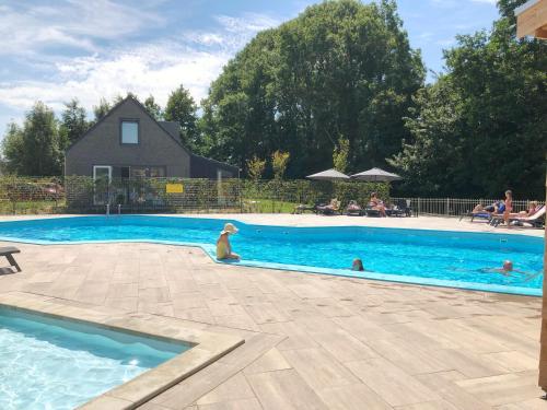 a dog is sitting in a swimming pool at Chalet 505 op Recreatiepark De Wielen in Sint Maarten