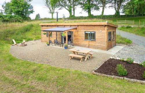 a small wooden cabin with a picnic table and a picnic table at Llwyn-Teg Log Cabin in Whitland