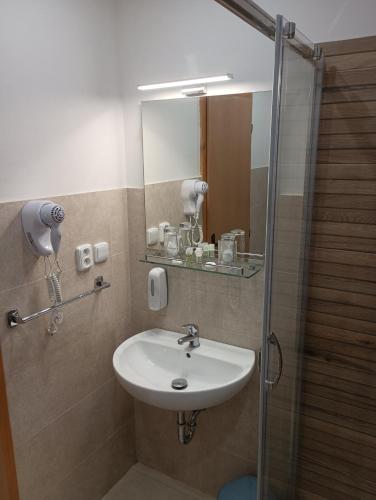 a bathroom with a sink and a shower with a mirror at Penzión Réva in Turna nad Bodvou