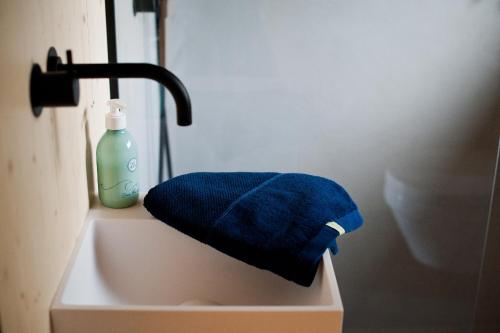 lavamanos con toalla azul y botella de jabón en Tiny House Pioneer 5 - Green Tiny Village Harz en Osterode