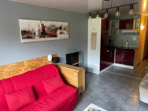 ein Wohnzimmer mit einem roten Sofa und einer Küche in der Unterkunft Studio pied de pistes avec place de parking privé extérieure LA MONGIE TOURMALET in La Mongie