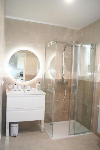 une salle de bain avec un lavabo et une douche dans l'établissement Canigou, gîtes LEFEBVRE, 4* climatisé, table d'hôte, à Los Masos