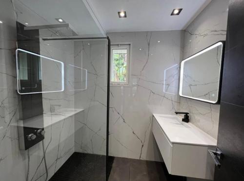 a bathroom with a shower and a sink and a mirror at Villa Jungle Beach in Sainte-Maxime