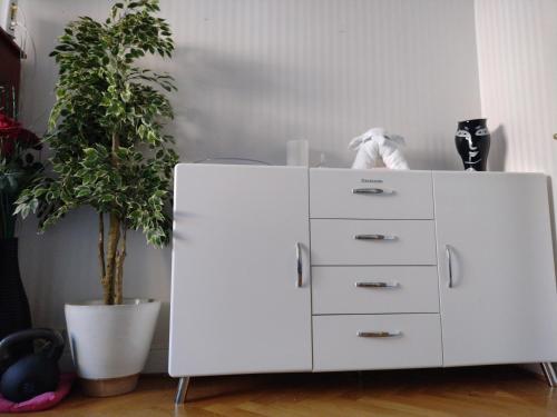 a white dresser in a room with a plant at Quiet Central Room in Stockholm