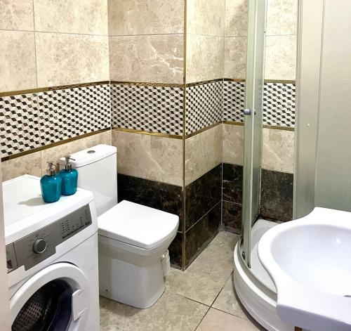 a bathroom with a toilet and a sink and a washing machine at Halic Apart Hotel in Yalova