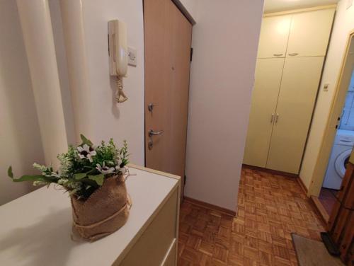 a bathroom with a vase of flowers on a counter at Banjica 2 in Voždovac
