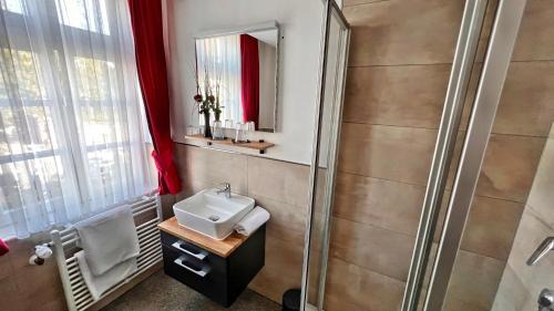 a bathroom with a sink and a shower at Hotel Zu den Drei Kronen in Seligenstadt