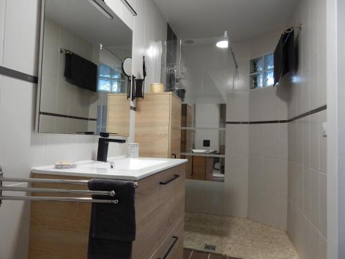 La salle de bains est pourvue d'un lavabo blanc et d'une douche. dans l'établissement L'étonnante, à Margny-lès-Compiègne